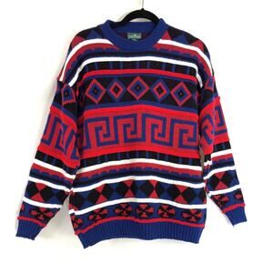 0130 Men's Oversized Geometric Blue/Red Vintage Crewneck Sweater